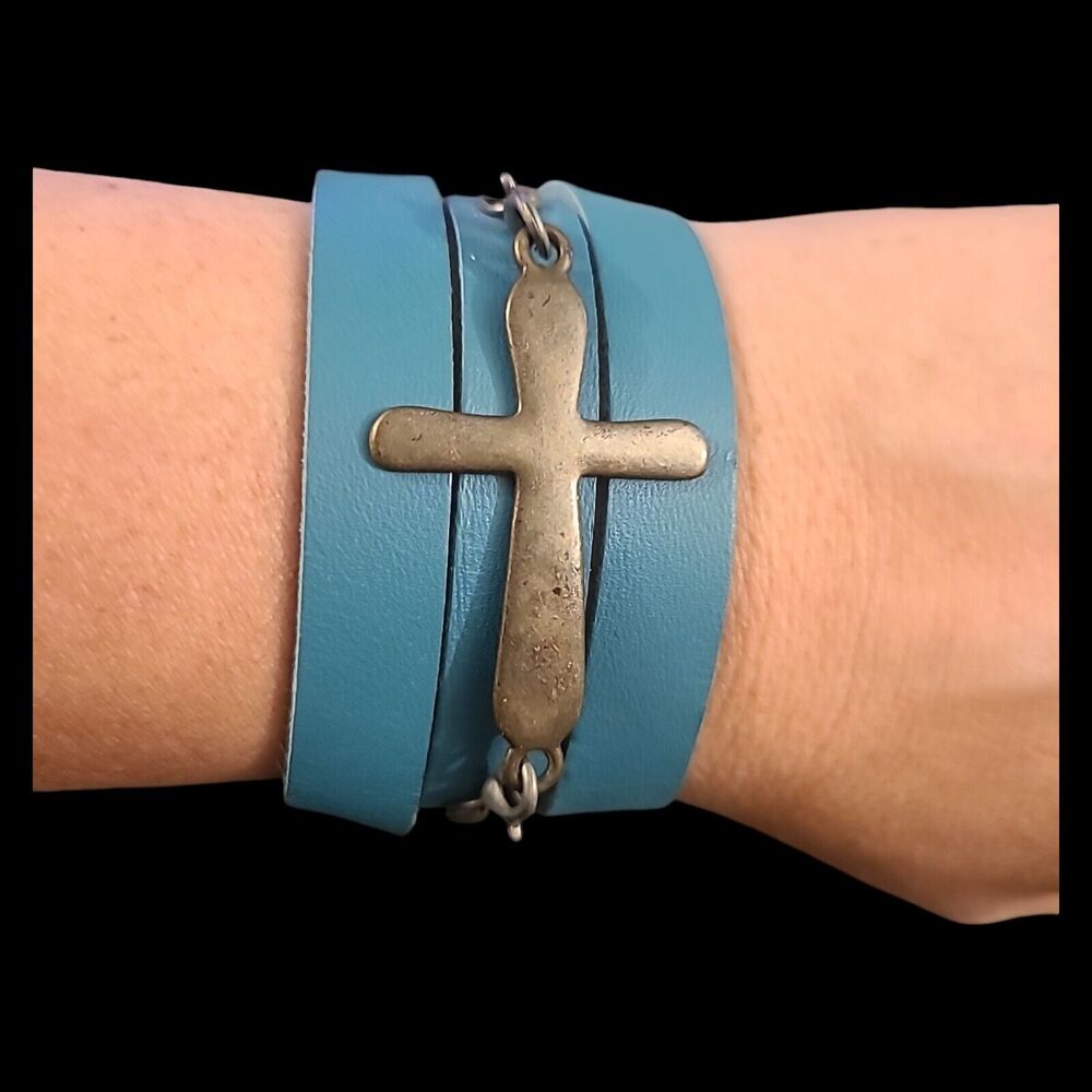 Blue Faux Leather Silver‎ Tone Cross Wrap Bracelet 22"